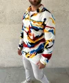 Erkek Yarım Fermuarlı Desenli Polar Sweat – Renkli Abstract Desen Yakalı, Uzun Kollu, Oversize Rahat Kalıp,  - Beyaz
