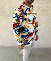 Erkek Yarım Fermuarlı Desenli Polar Sweat – Renkli Abstract Desen Yakalı, Uzun Kollu, Oversize Rahat Kalıp, - Beyaz