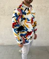Erkek Yarım Fermuarlı Desenli Polar Sweat – Renkli Abstract Desen Yakalı, Uzun Kollu, Oversize Rahat Kalıp,  - Beyaz