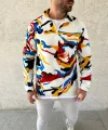 Erkek Yarım Fermuarlı Desenli Polar Sweat – Renkli Abstract Desen Yakalı, Uzun Kollu, Oversize Rahat Kalıp, - Beyaz