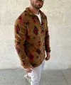 Erkek Yarım Fermuarlı Desenli Polar Sweat Tribal Etnik Desen Yakalı, Uzun Kollu, Oversize Rahat Kalıp, - Kahverengi