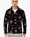 Erkek Yarım Fermuarlı Desenli Polar Sweat Tribal Etnik Desen Yakalı, Uzun Kollu, Oversize Rahat Kalıp, - Siyah