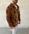 Erkek Yarım Fermuarlı Desenli Polar Sweat Tribal Etnik Desen Yakalı, Uzun Kollu, Oversize Rahat Kalıp, - Kahverengi
