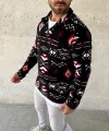 Erkek Yarım Fermuarlı Desenli Polar Sweat Tribal Etnik Desen Yakalı, Uzun Kollu, Oversize Rahat Kalıp, - Siyah