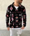 Erkek Yarım Fermuarlı Desenli Polar Sweat Tribal Etnik Desen Yakalı, Uzun Kollu, Oversize Rahat Kalıp, - Siyah