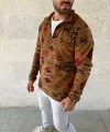 Erkek Yarım Fermuarlı Desenli Polar Sweat Tribal Etnik Desen Yakalı, Uzun Kollu, Oversize Rahat Kalıp, - Kahverengi