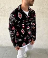 Erkek Yarım Fermuarlı Desenli Polar Sweat Tribal Etnik Desen Yakalı, Uzun Kollu, Oversize Rahat Kalıp, - Siyah