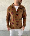 Erkek Yarım Fermuarlı Desenli Polar Sweat Tribal Etnik Desen Yakalı, Uzun Kollu, Oversize Rahat Kalıp, - Kahverengi