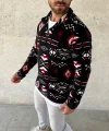 Erkek Yarım Fermuarlı Desenli Polar Sweat Tribal Etnik Desen Yakalı, Uzun Kollu, Oversize Rahat Kalıp, - Siyah