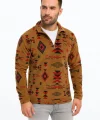 Erkek Yarım Fermuarlı Desenli Polar Sweat Tribal Etnik Desen Yakalı, Uzun Kollu, Oversize Rahat Kalıp, - Kahverengi
