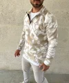 Erkek Yarım Fermuarlı Desenli Polar Sweat Yakalı, Uzun Kollu, Oversize Rahat Kalıp - Bej