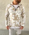 Erkek Yarım Fermuarlı Desenli Polar Sweat Yakalı, Uzun Kollu, Oversize Rahat Kalıp - Bej