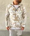 Erkek Yarım Fermuarlı Desenli Polar Sweat Yakalı, Uzun Kollu, Oversize Rahat Kalıp - Bej