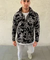 Erkek Yarım Fermuarlı Desenli Polar Sweat Yakalı, Uzun Kollu, Oversize Rahat Kalıp - Siyah