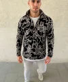 Erkek Yarım Fermuarlı Desenli Polar Sweat Yakalı, Uzun Kollu, Oversize Rahat Kalıp - Siyah