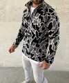 Erkek Yarım Fermuarlı Desenli Polar Sweat Yakalı, Uzun Kollu, Oversize Rahat Kalıp - Siyah