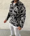Erkek Yarım Fermuarlı Desenli Polar Sweat Yakalı, Uzun Kollu, Oversize Rahat Kalıp - Siyah