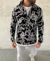 Erkek Yarım Fermuarlı Desenli Polar Sweat Yakalı, Uzun Kollu, Oversize Rahat Kalıp - Siyah