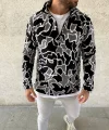 Erkek Yarım Fermuarlı Desenli Polar Sweat Yakalı, Uzun Kollu, Oversize Rahat Kalıp - Siyah