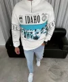Erkek Yarım Fermuarlı Oversize Baskılı SweatShirt - Beyaz