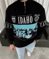 Erkek Yarım Fermuarlı Oversize Baskılı SweatShirt - Siyah