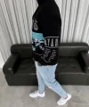 Erkek Yarım Fermuarlı Oversize Baskılı SweatShirt - Siyah