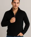 Erkek Yarım Fermuarlı Triko Kazak – Selanik Örgü, Dik Yaka, Pamuklu Dokuma, Regular Fit Uzun Kollu Kışlık Model - Siyah