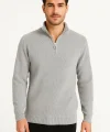 Erkek Yarım Fermuarlı Triko Kazak – Selanik Örgü, Dik Yaka, Pamuklu Dokuma, Regular Fit Uzun Kollu Kışlık Model - Gri