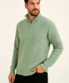 Erkek Yarım Fermuarlı Triko Kazak – Selanik Örgü, Dik Yaka, Pamuklu Dokuma, Regular Fit Uzun Kollu Kışlık Model - Mint Yeşili