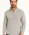 Erkek Yarım Fermuarlı Triko Kazak – Selanik Örgü, Dik Yaka, Pamuklu Dokuma, Regular Fit Uzun Kollu Kışlık Model - Gri