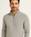 Erkek Yarım Fermuarlı Triko Kazak – Selanik Örgü, Dik Yaka, Pamuklu Dokuma, Regular Fit Uzun Kollu Kışlık Model - Gri