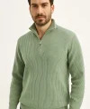 Erkek Yarım Fermuarlı Triko Kazak – Selanik Örgü, Dik Yaka, Pamuklu Dokuma, Regular Fit Uzun Kollu Kışlık Model - Mint Yeşili