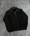 Erkek Yarım Fermuarlı Üç İplik Sweatshirt - Siyah