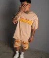 Erkek Alev Baskılı İkili Şortlu Takım - Bej