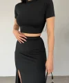 Eteği Yırtmaçlı Sandy Crop Takım -Siyah