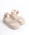 EVA Kalın Tokalı Taşlı Şeritli Ortopedik Taban Kadın Sandalet  CKT - Krem