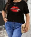 fermuar dudak baskılı tişört bisiklet yaka kısa kollu tişört - Siyah
