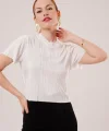 Fitilli Kısa Kollu Parlak Beyaz Bluz