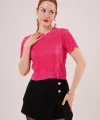 Fitilli Kısa Kollu Parlak Fuşya Bluz