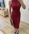 Fitilli Triko Elbise Kolsuz Sırtı Kapalı Maxi Uzun Boy - Bordo