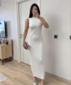 Fitilli Triko Elbise Maxi Uzun boy - Beyaz