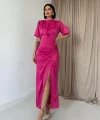 Fuşya Büzgülü aten Elbise