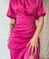 Fuşya Büzgülü aten Elbise