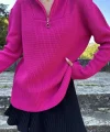 Fuşya Fermuarlı Ve Boğazlı Triko Kazak