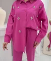 Fuşya Klasik Taşlı Keten Takım Takım