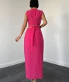 Fuşya Kuşaklı Crop Ve Etek Takım