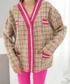 Fuşya Ön Ribana Ekose Ceket