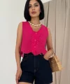 Fuşya Sıfır Kol Brode Bluz