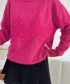Fuşya Zikzak Boncuklu Triko Kazak