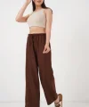 Geniş Paça Keten Pantolon 6735 - Kahverengi